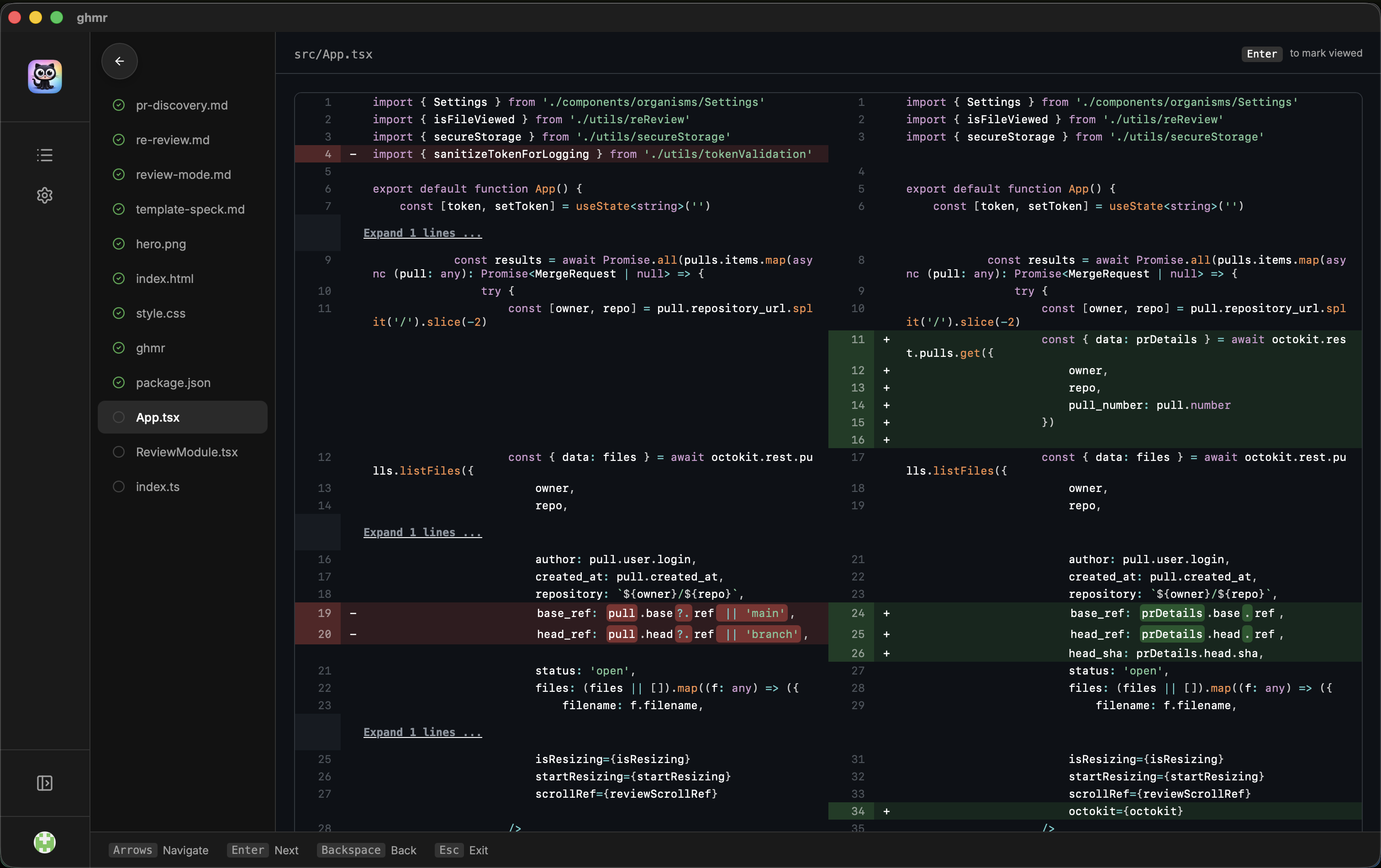 Code review interface with side-by-side diff